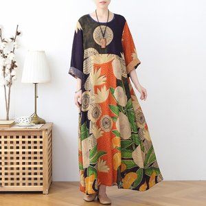 Japanese Loose Folk Caftan Printed Maxi Dress